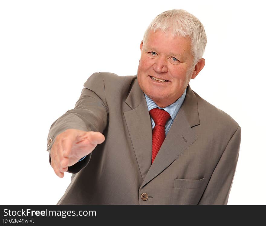 Successful mature business man on white background, offering handshake. Successful mature business man on white background, offering handshake