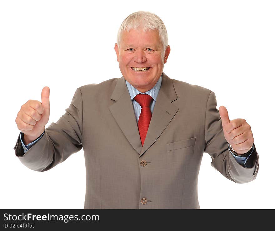 Successful mature business man on white background, giving thumbs up sign. Successful mature business man on white background, giving thumbs up sign