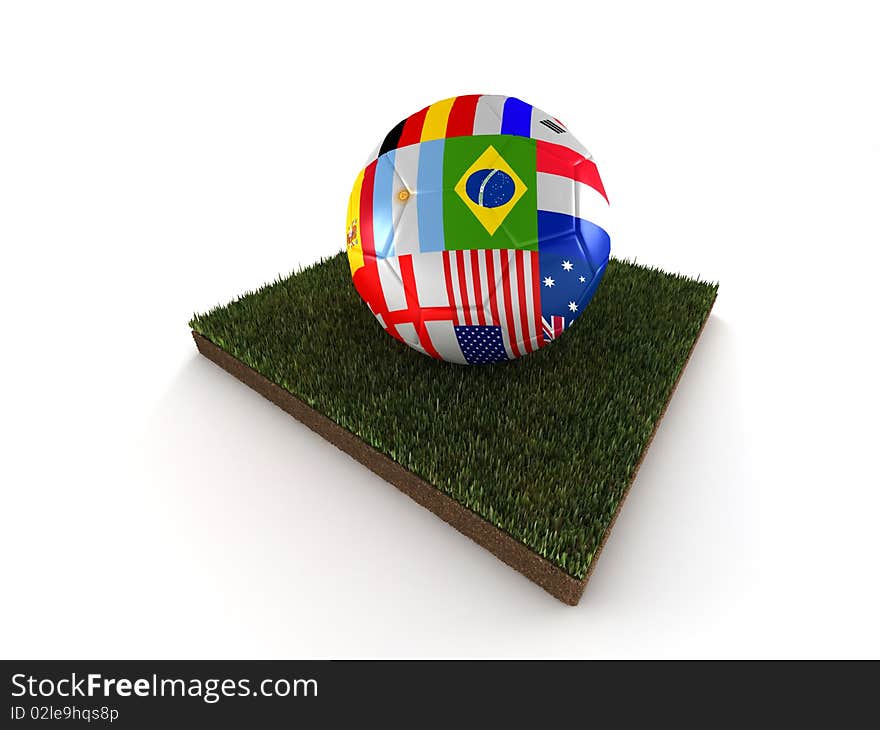 Ball of world soccer cup with flag of participating countries on piece of grass isolated on white background. High quality 3d render.