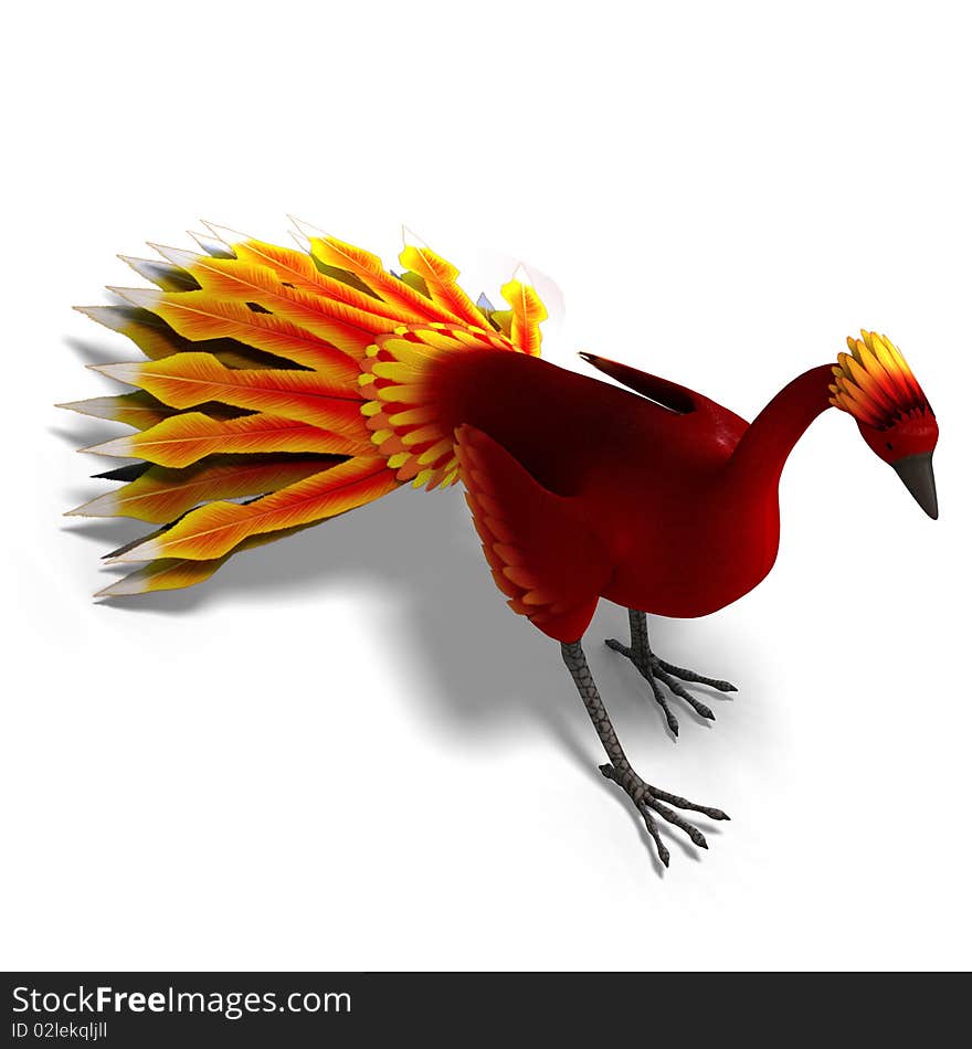 Red fantasy bird with beautiful feathers. 3D