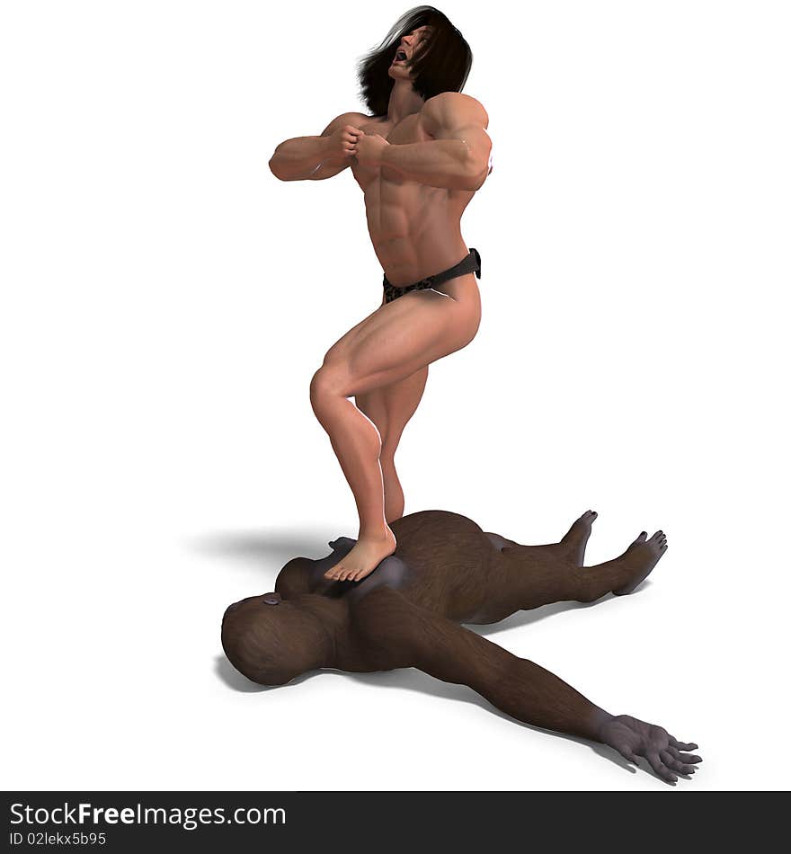 Apeman defeated the gorilla. 3D rendering with