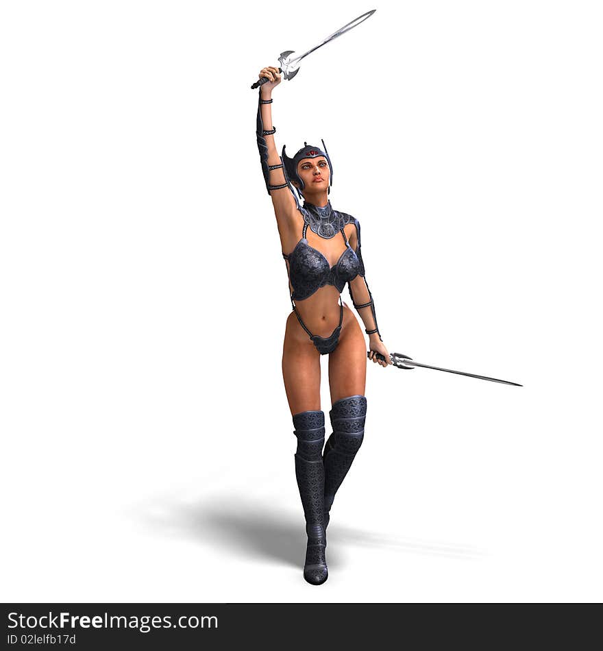 Female amazon warrior with sword and armor. 3D rendering with clipping path and shadow over white