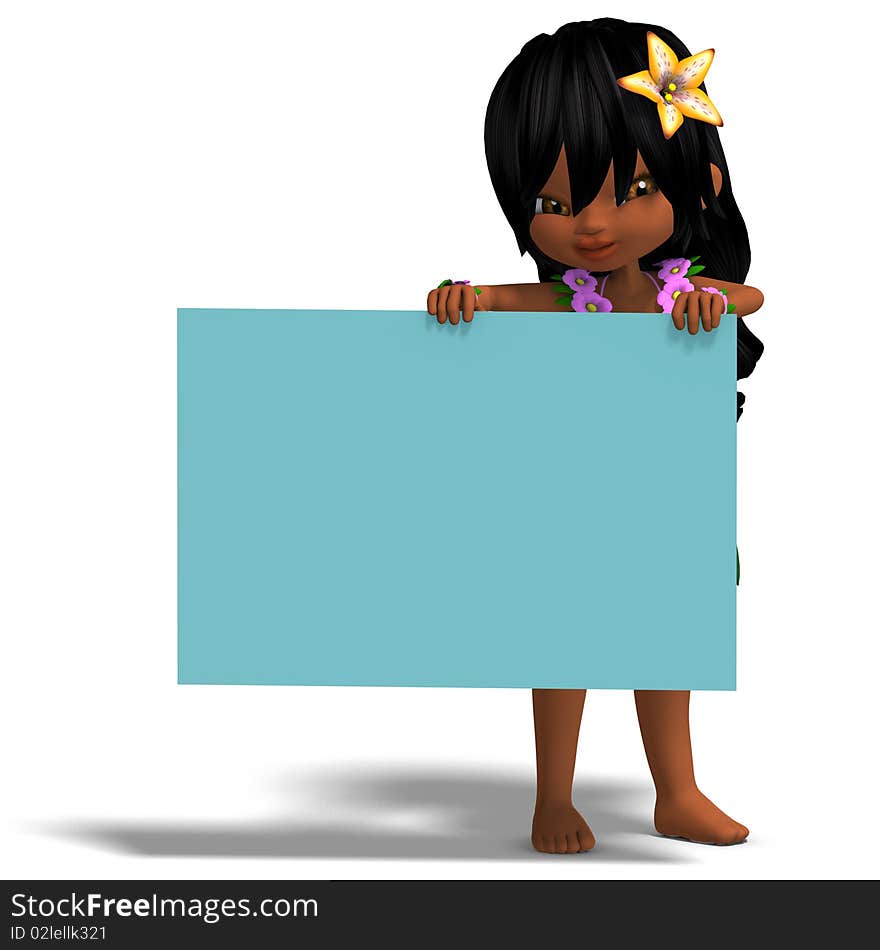 Very cute hawaiin cartoon girl invites you. 3D