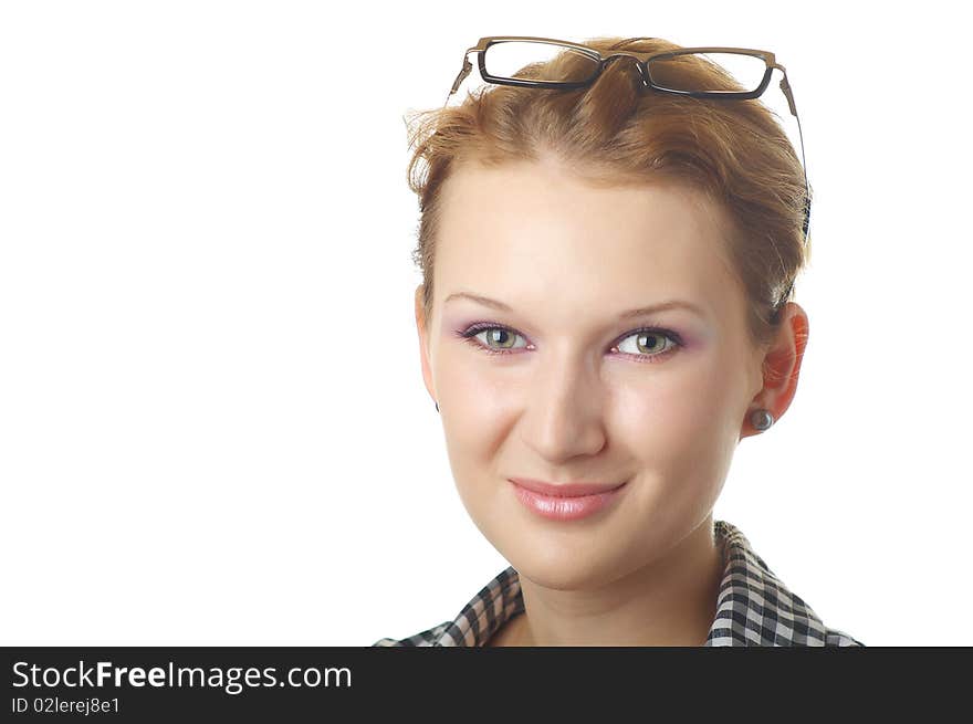 Beautiful girl with glasses on white