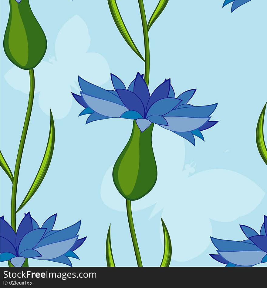 Vector seamless background with cornflowers and butterflies. EPS 8