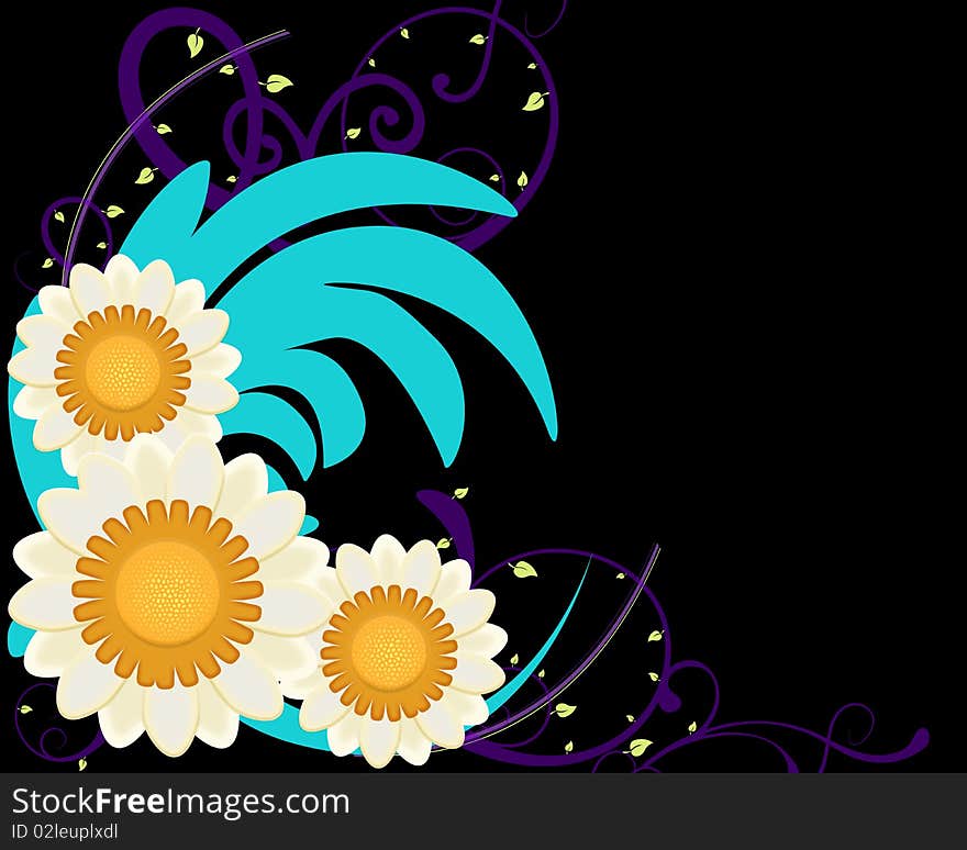Border Illustration of daisy flowers with swirls and leaves. Border Illustration of daisy flowers with swirls and leaves.
