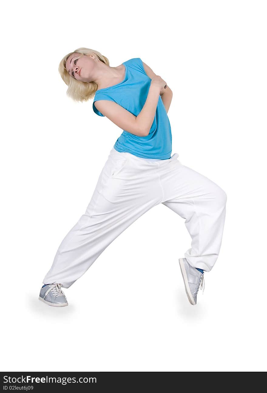 Teenage girl dancing hip-hop over white