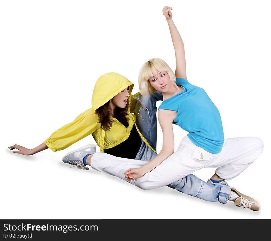 Teenage girl dancing hip-hop over white background. Teenage girl dancing hip-hop over white background