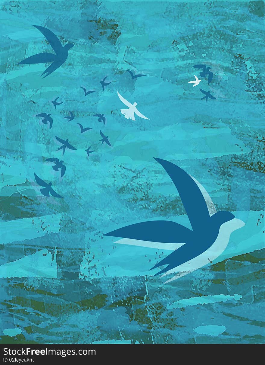 Birds on Blue Background - Ocean & Sky