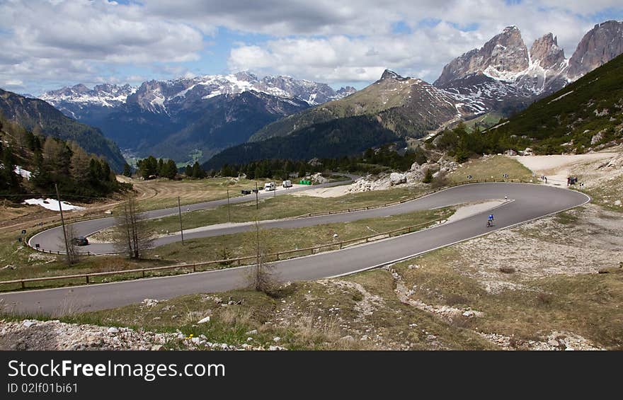 The way down the Pordojioch in Italy. The way down the Pordojioch in Italy