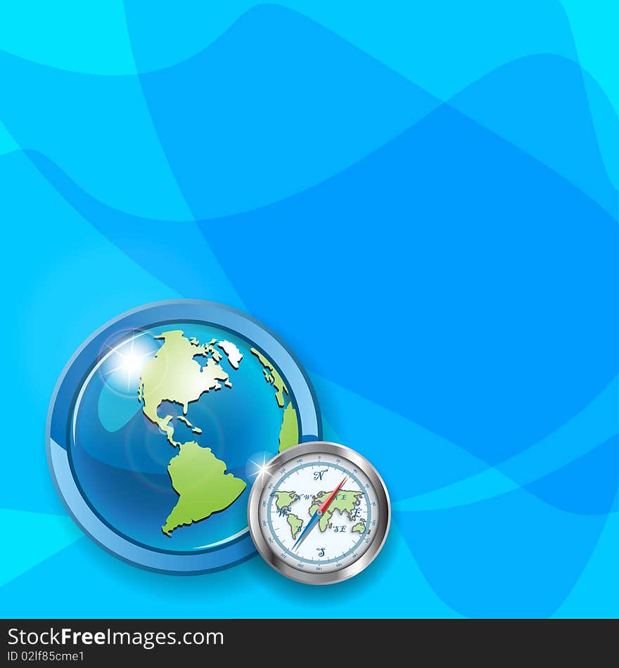 Illustration, globe and compass on blue background