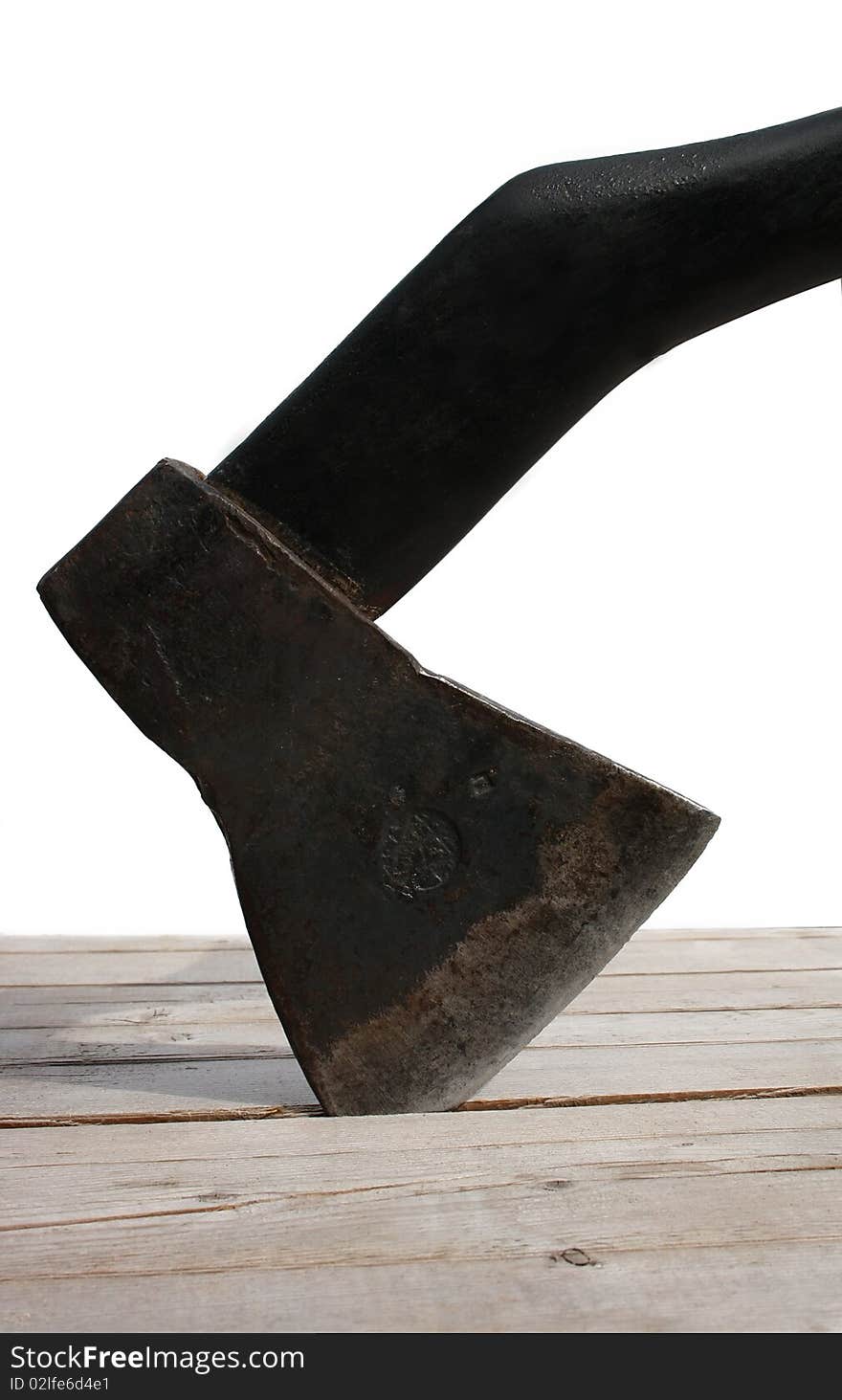 Axe with the black handle on a white background