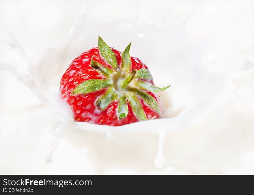 Fresh red strawberry splashing into milk or yogurt