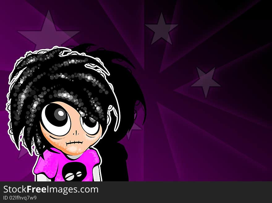 Emo boy with + pink background with stars.