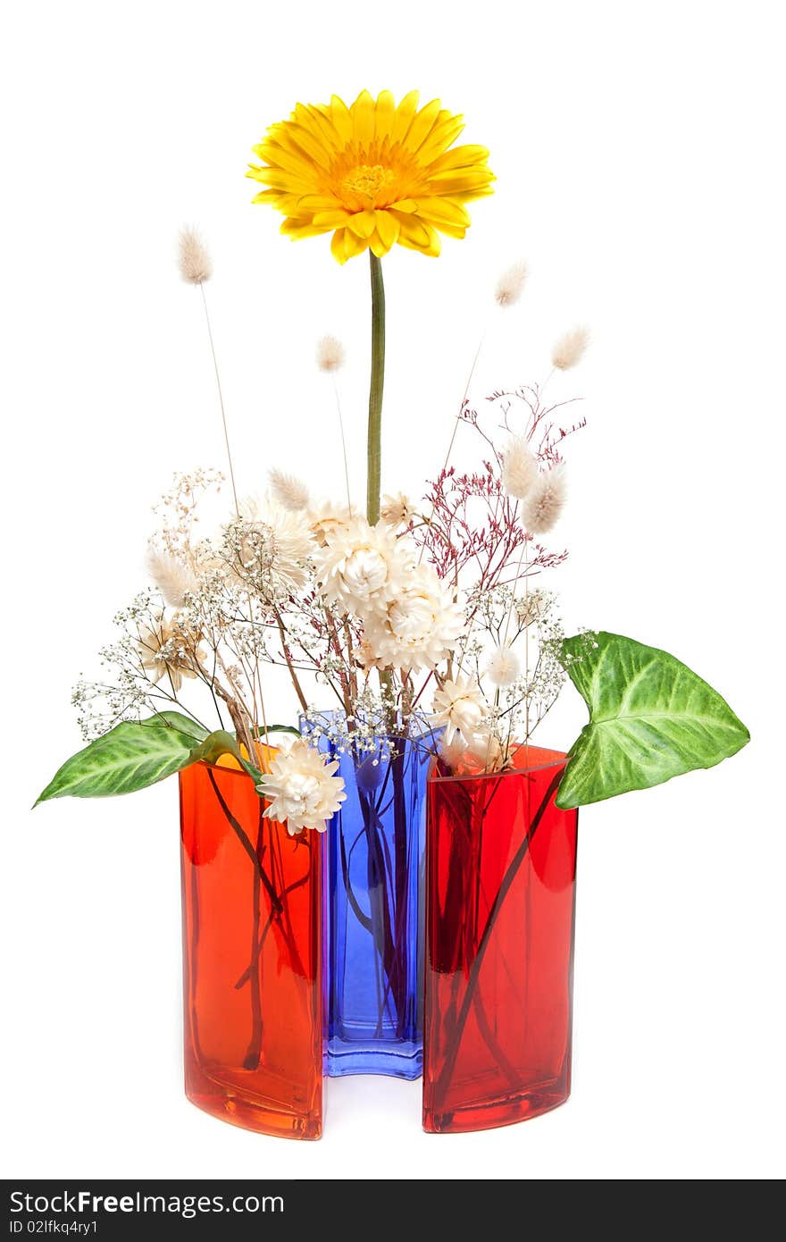 Bouquet from dry herb and yellow gerbera t in colour glass vase on white background