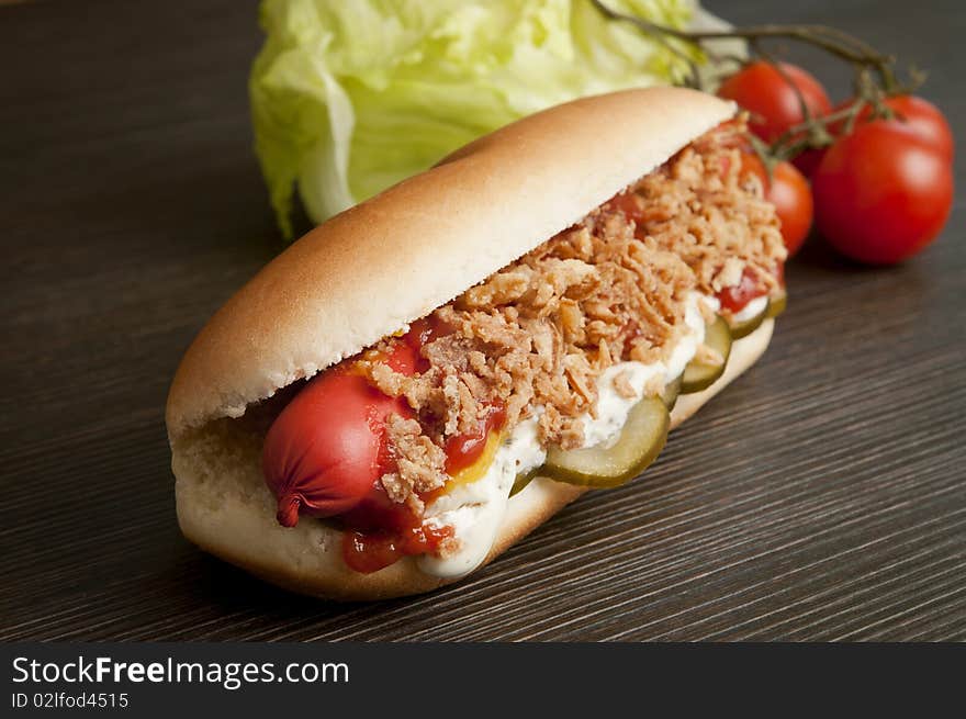 Hot dog prepared with danish ingredients