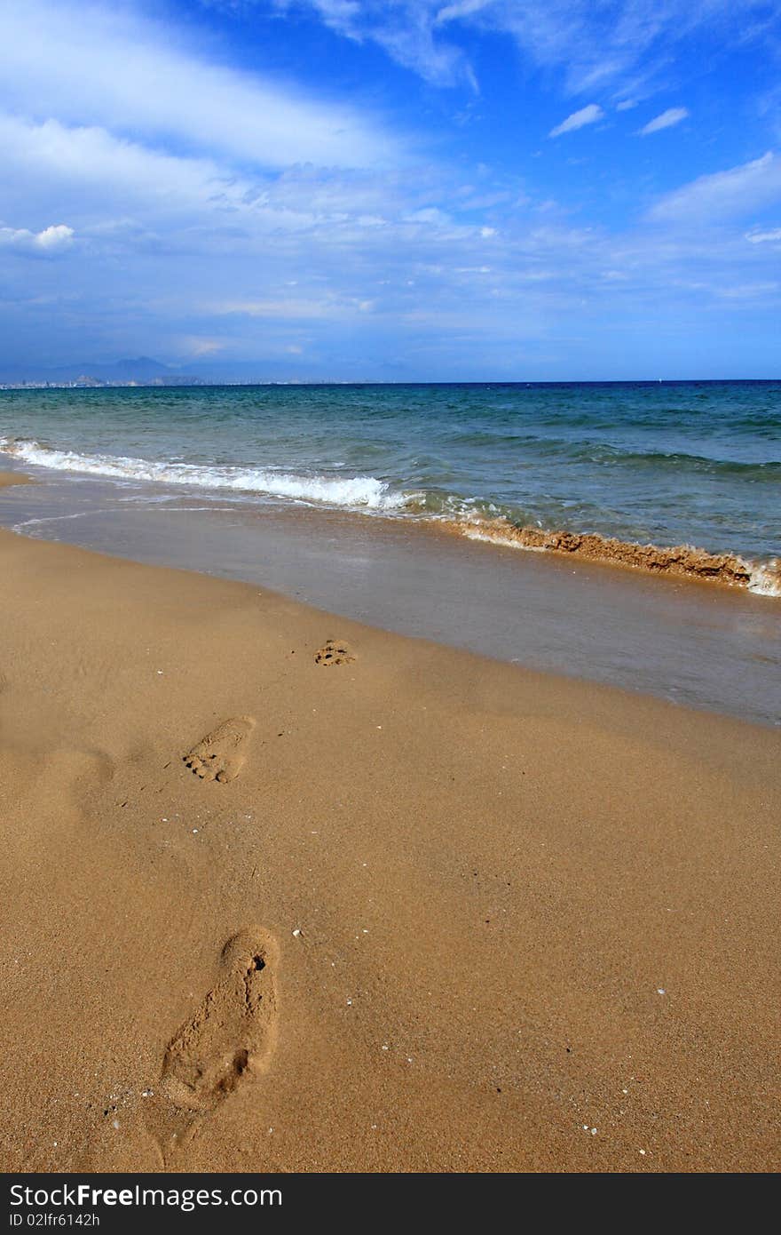 Footprints in the sand in the direction from the water. Footprints in the sand in the direction from the water