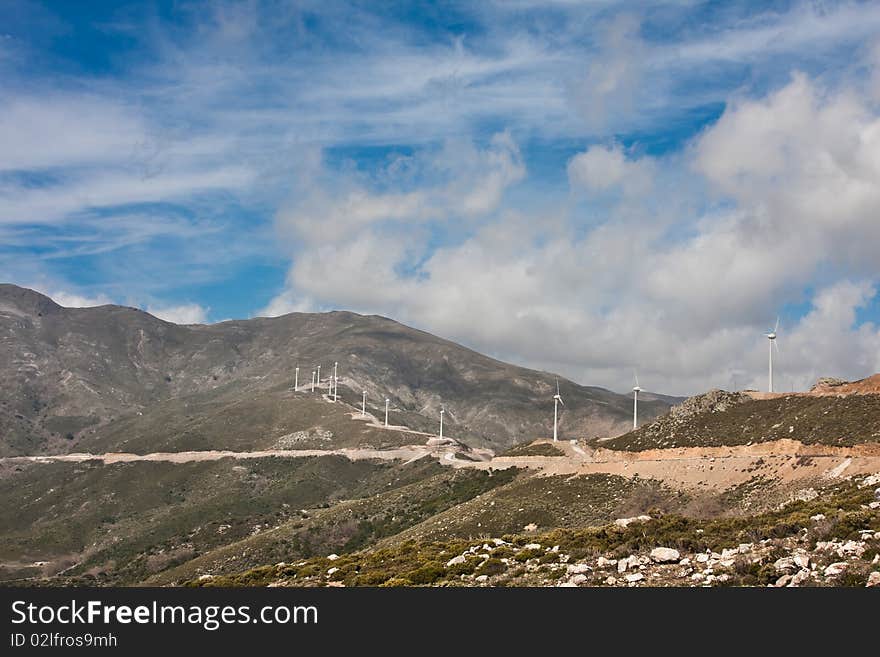 Landscape of a wind turbines farm in Crete, Greece