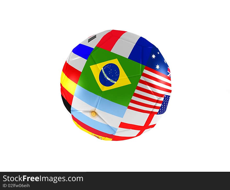 Ball of world soccer cup with flag of participating countries isolated on white background. High quality 3d render.