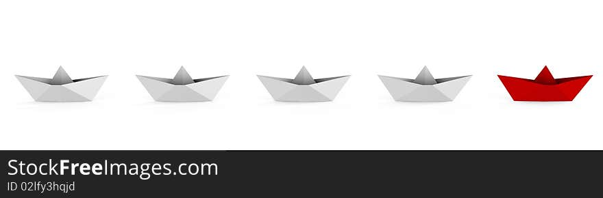 A line of paper boats with the leading one being different, a conceptual 3d image. A line of paper boats with the leading one being different, a conceptual 3d image