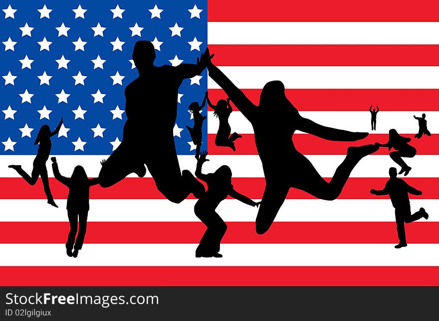 Flag of USA and people jumping