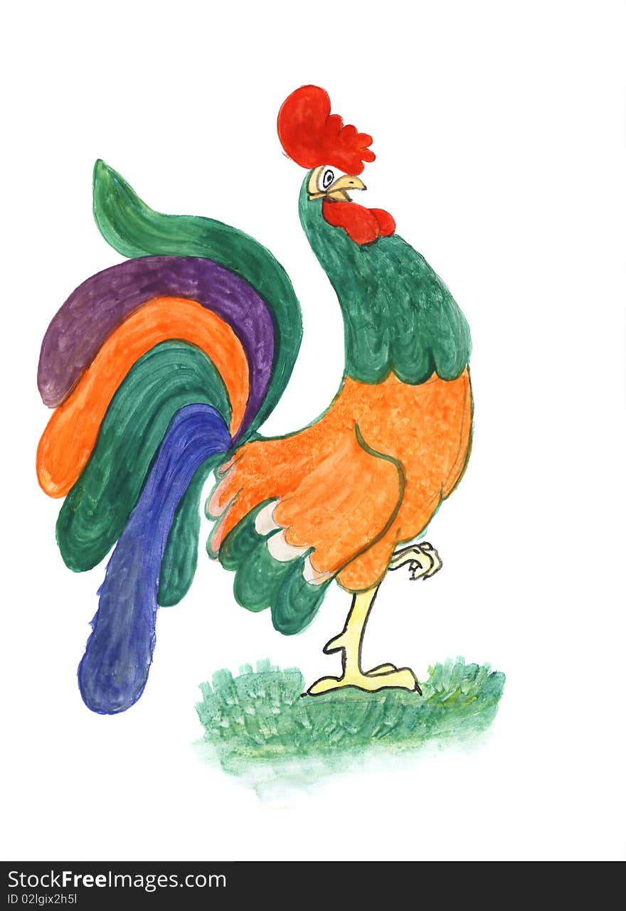 Cartoon bright rooster bird, watercolors kids drawing. Cartoon bright rooster bird, watercolors kids drawing