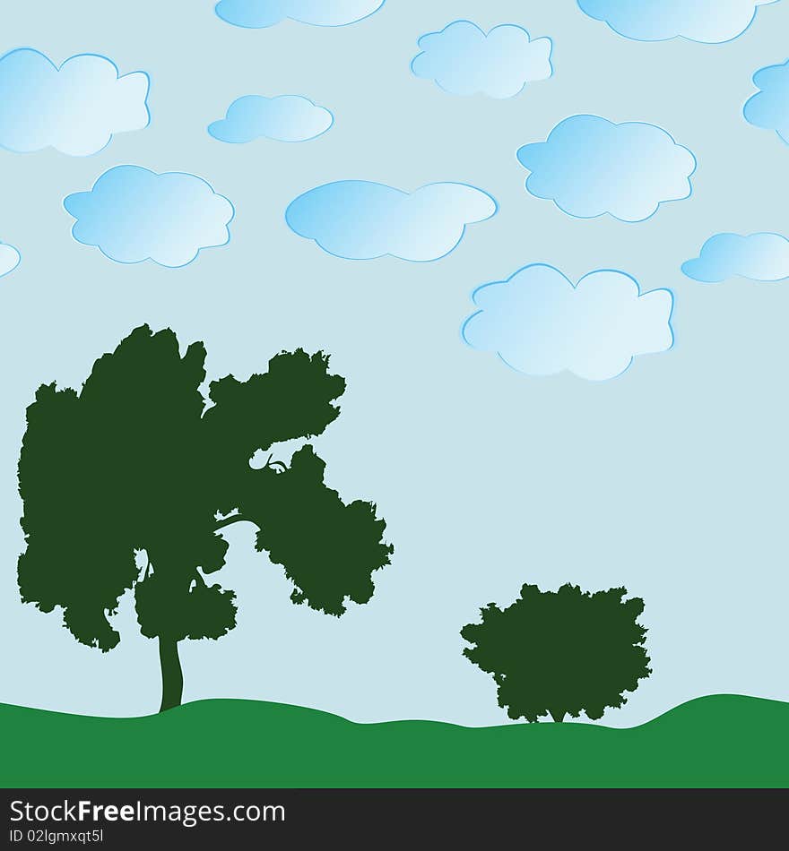 Seamless a background with a tree, a bush and clouds. Vector illustration