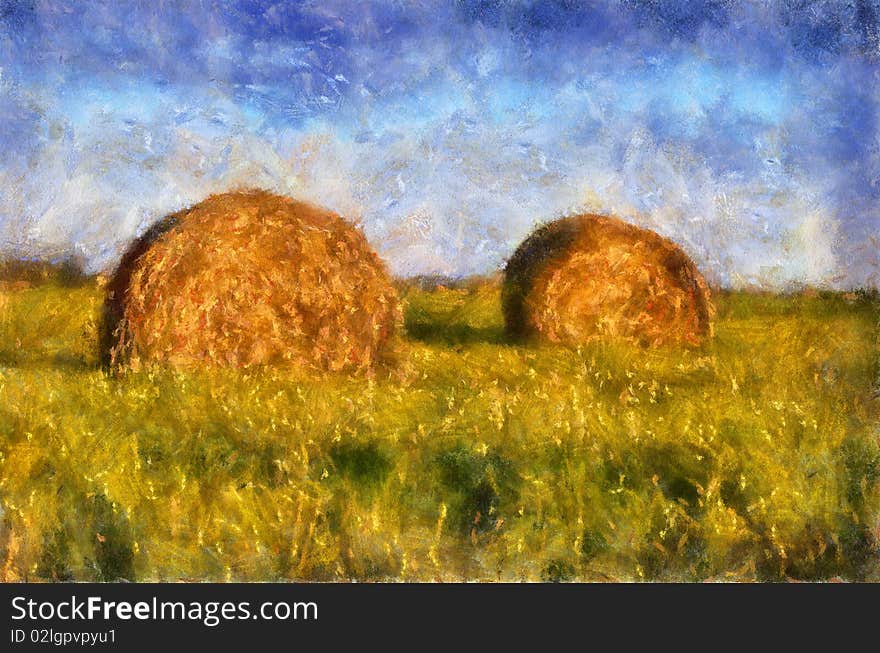 Illustration, two beautiful haystack in the field