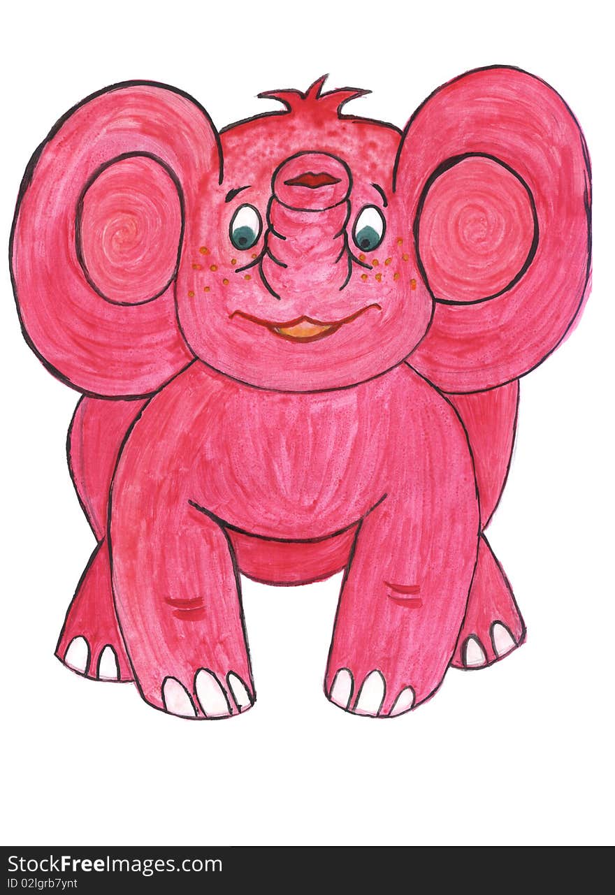 Funny pink baby elephant, watercolors kids drawing. Funny pink baby elephant, watercolors kids drawing