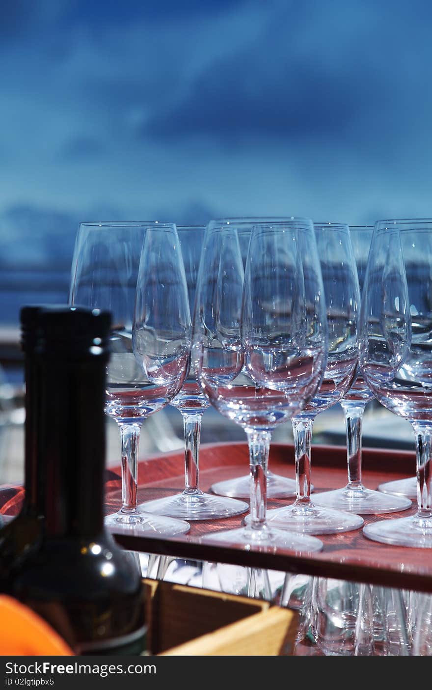 Bottle of wine and glasses in a mountain restaurant