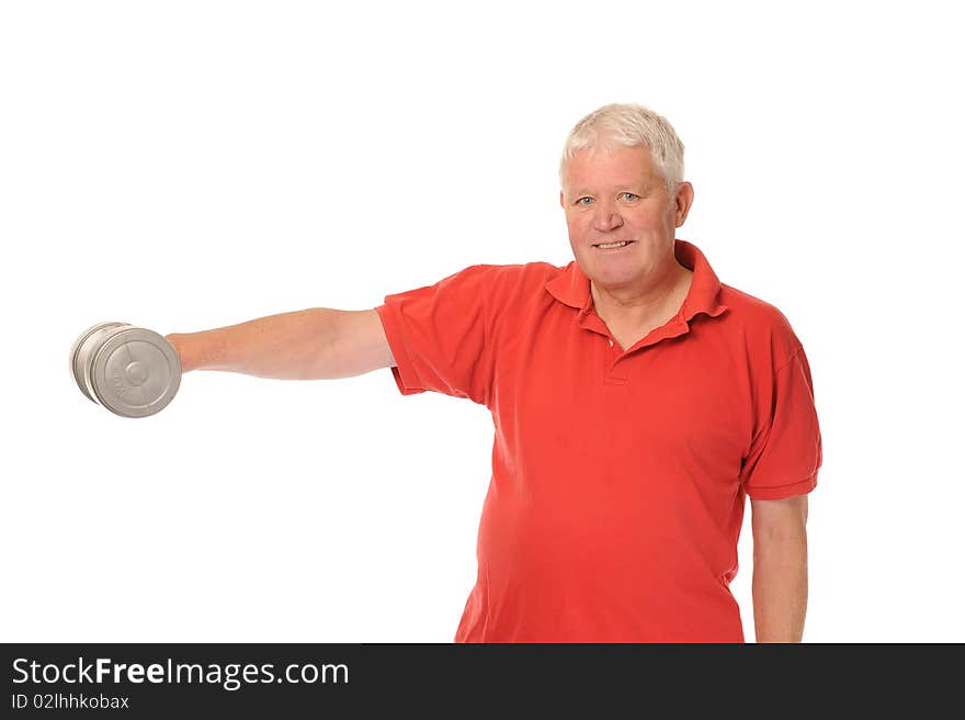 Senior retired older man exercising on white background. Senior retired older man exercising on white background