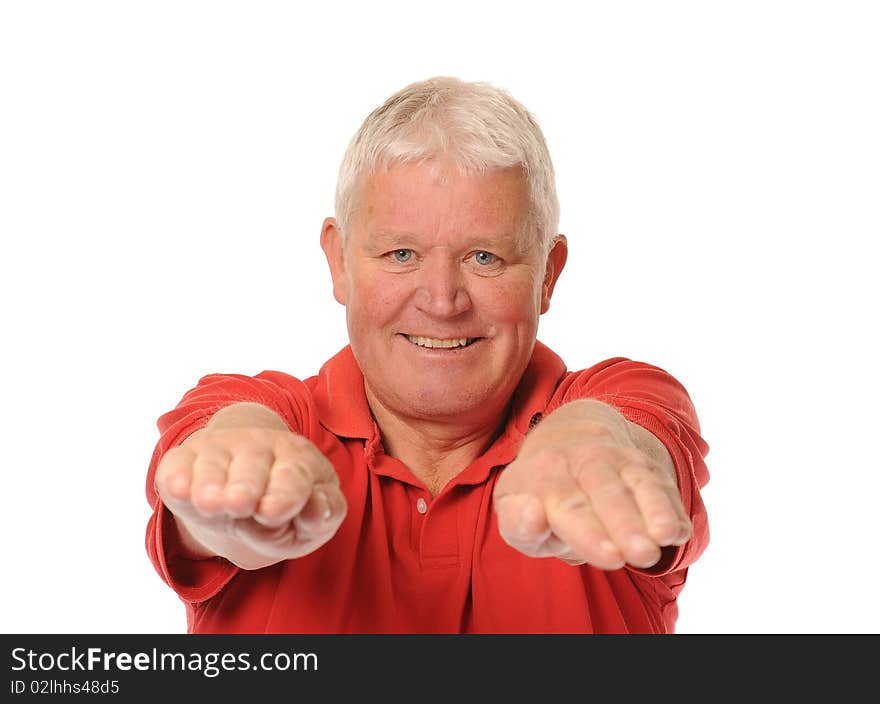 Senior retired older man stretching on white background. Senior retired older man stretching on white background