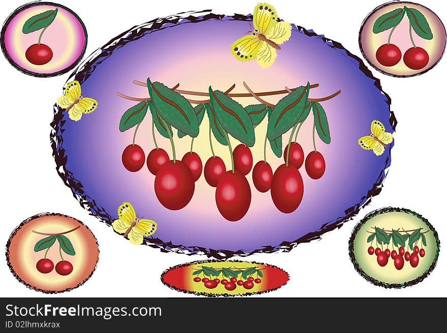 Oval and circle with cherries and butterflies. Oval and circle with cherries and butterflies.