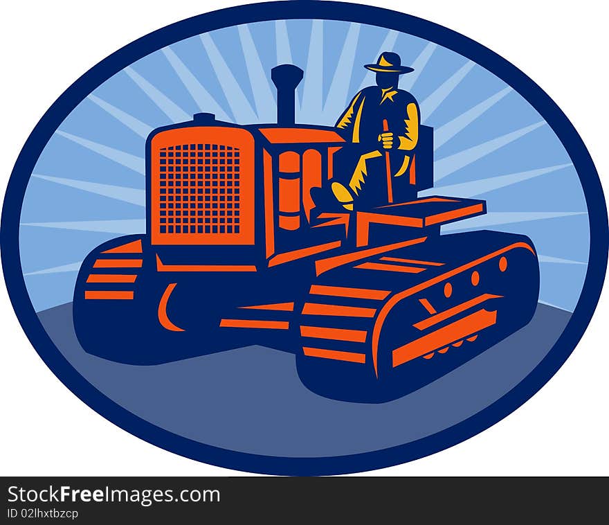 Illustration of a Farmer driving vintage tractor set inside an oval.