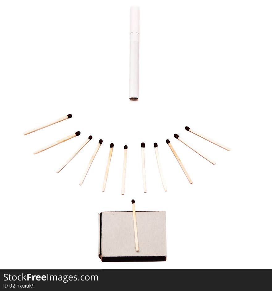 Box of matches with cigarette on white background