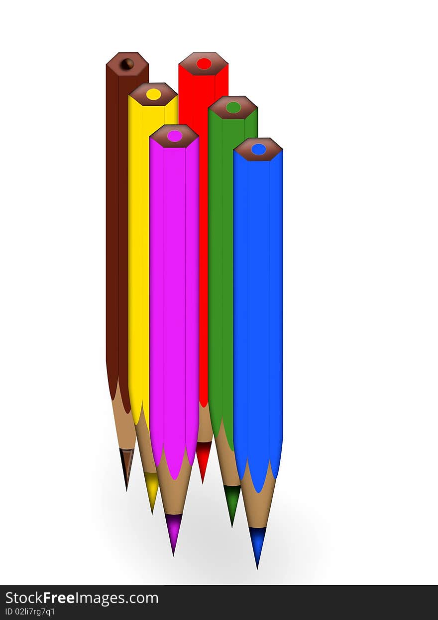 Six colored pencils in vertical position