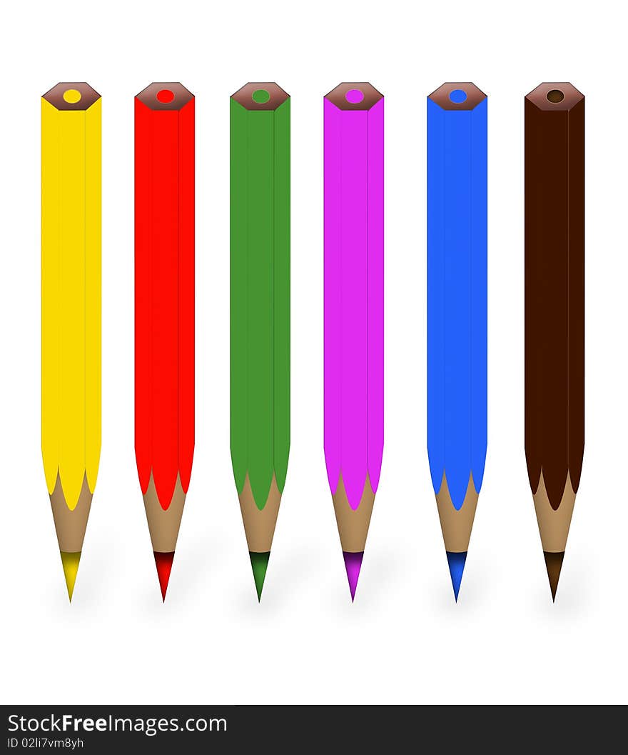 Six colored pencils in vertical position. Six colored pencils in vertical position