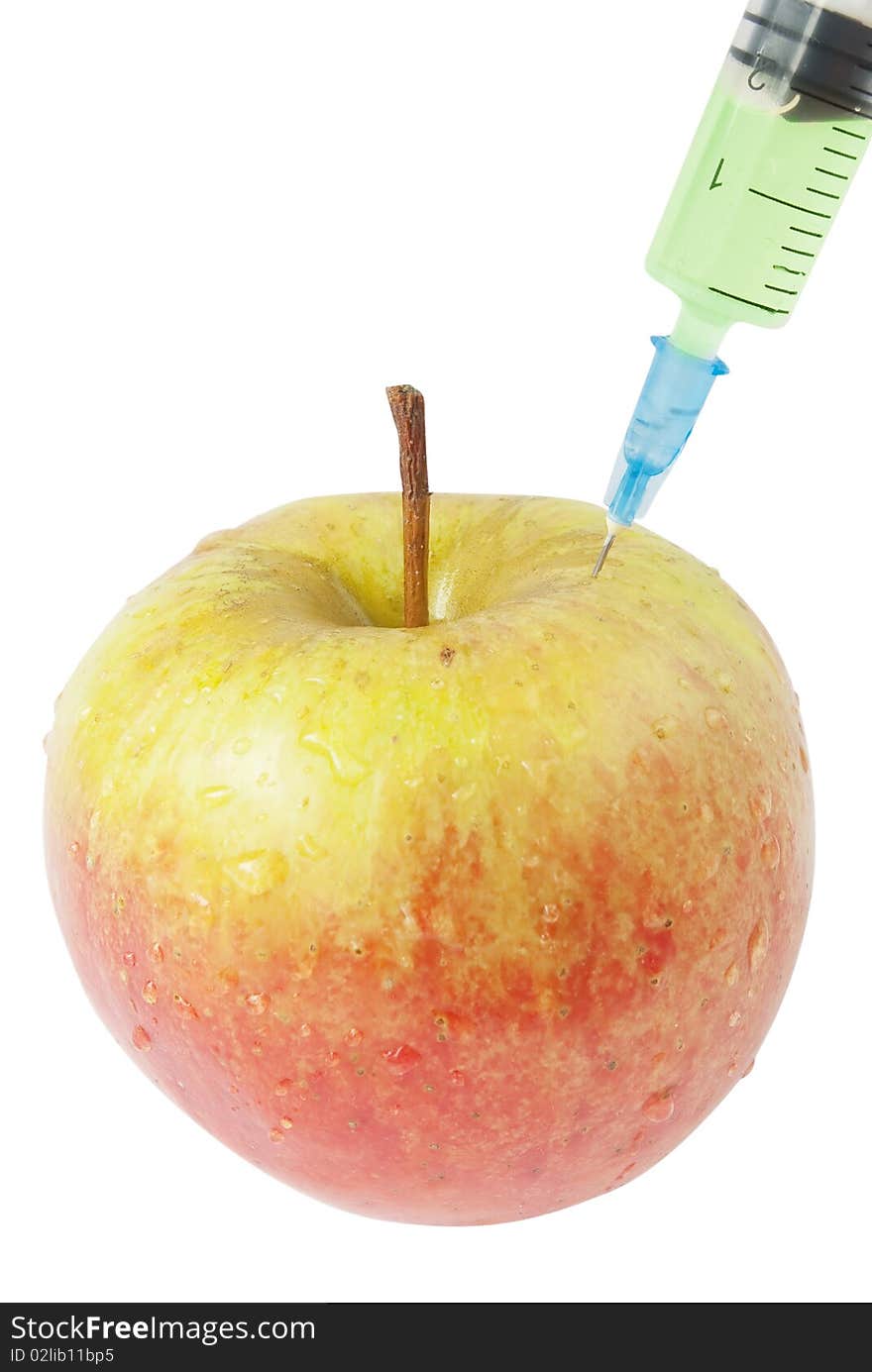 Apple and syringe.