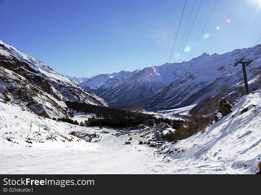 View from Mount Elbrus in the valley Azau. View from Mount Elbrus in the valley Azau.