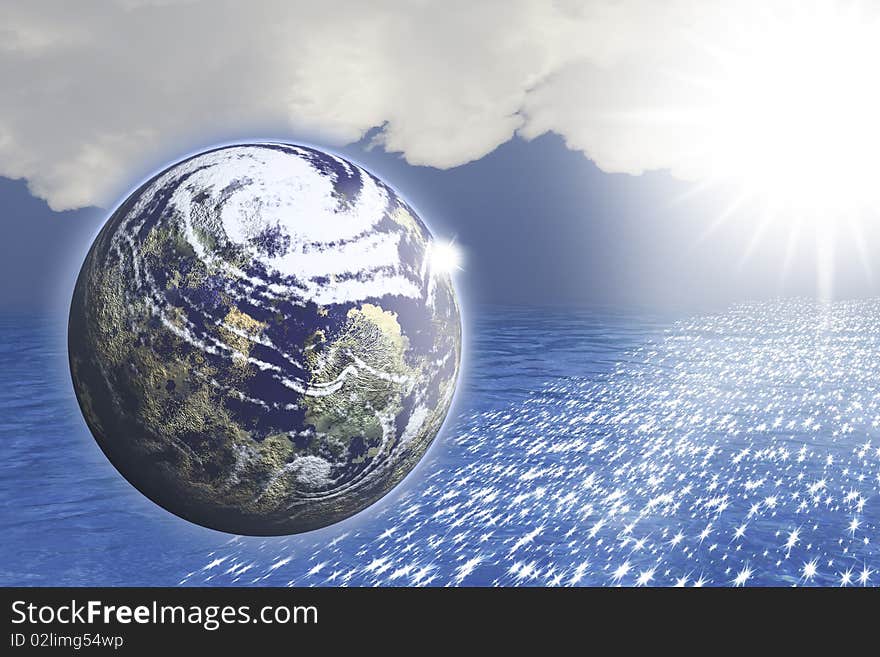 This image shows the Earth on an ocean, with a sky of clouds and sun-drenched. This image shows the Earth on an ocean, with a sky of clouds and sun-drenched.