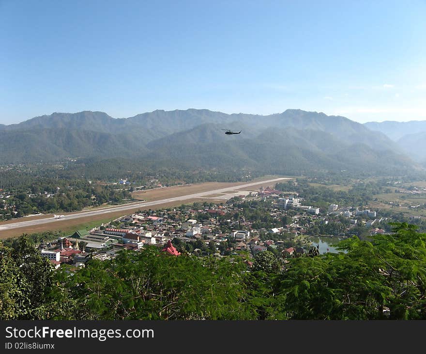 helicopter above  airport in the valley