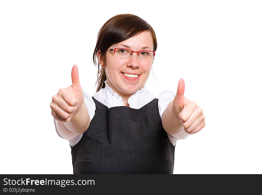 Female office worker shows thumbs up gesture, studio shoot isolated on white. Female office worker shows thumbs up gesture, studio shoot isolated on white