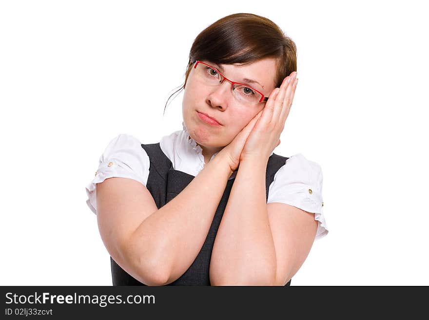 Sleepy, tired female office worker, studio shoot isolated on white background. Sleepy, tired female office worker, studio shoot isolated on white background