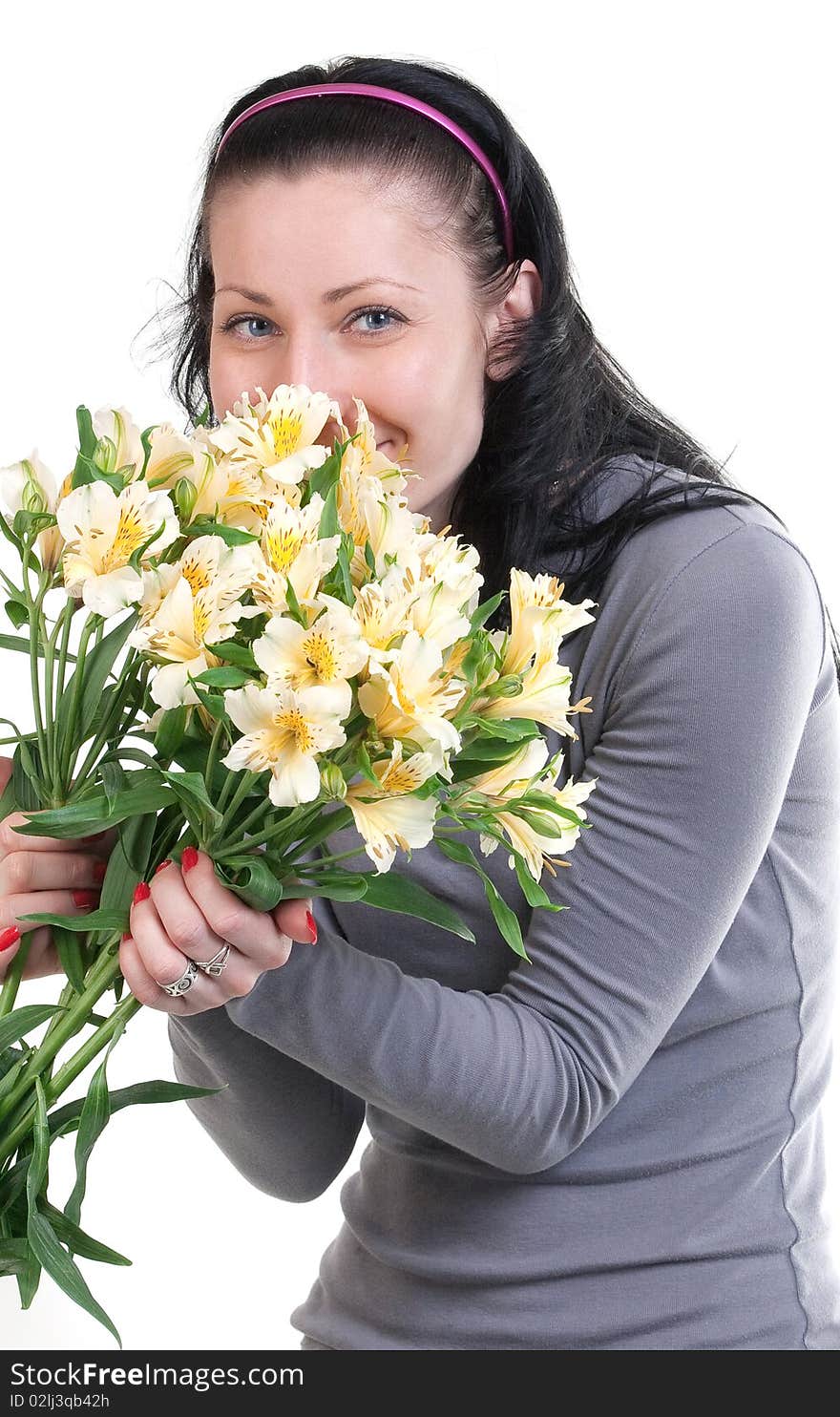 Happy beauty woman with yellow flowers (isolated on a white)