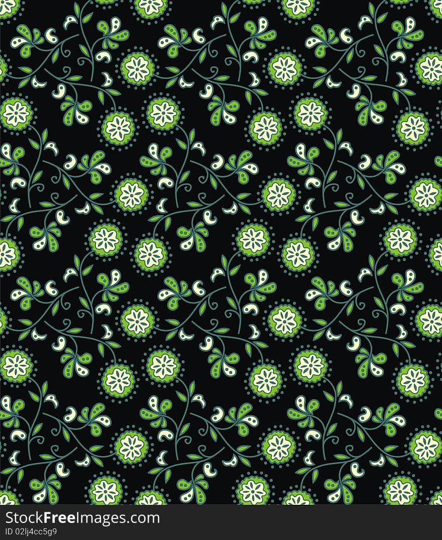 Texture with green flowers on black background. Vector illustration. Texture with green flowers on black background. Vector illustration.