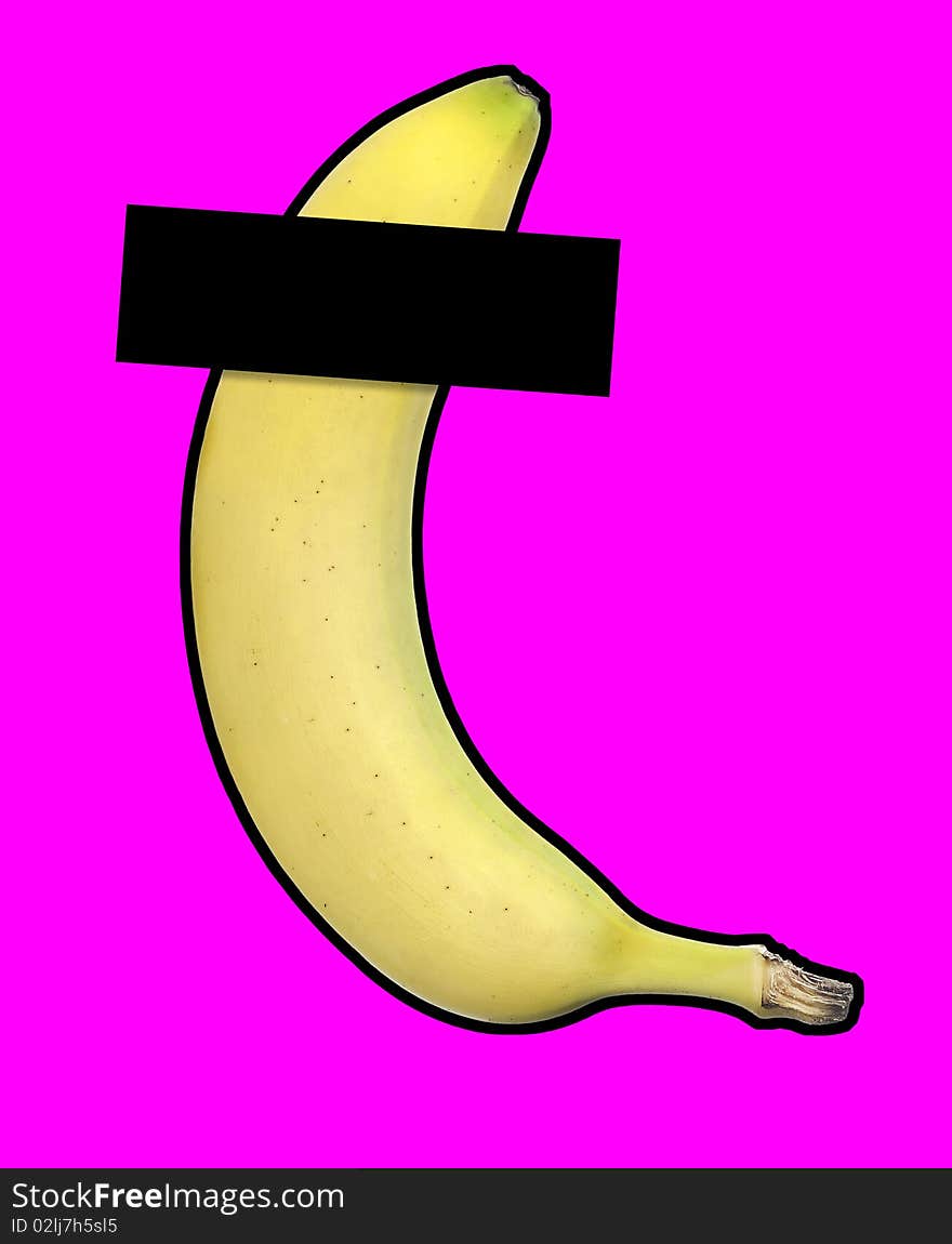 Banana isolated on pink background with black stroke. Censored with black bar.