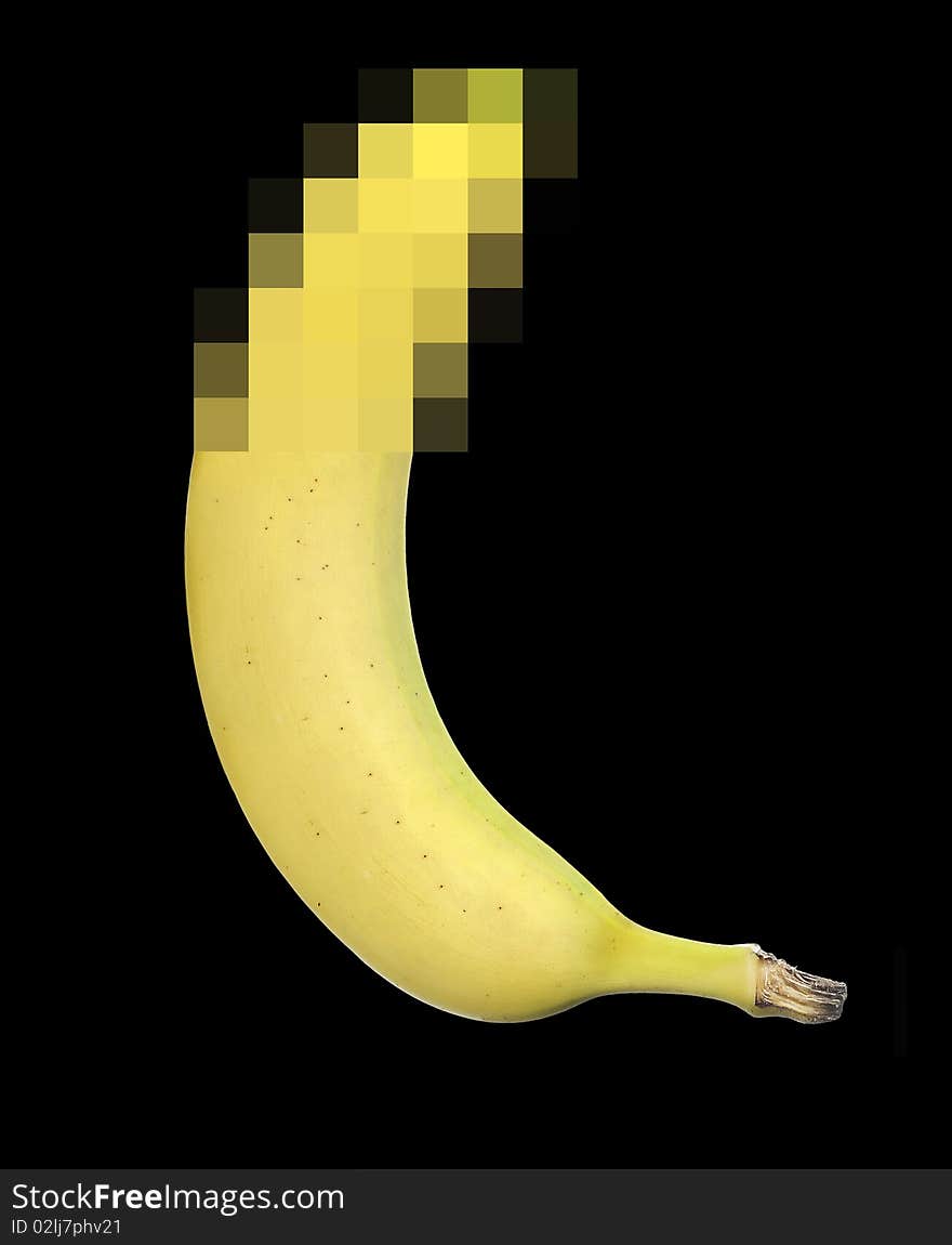 Banana isolated on black background. Censored with pixel mosaic.