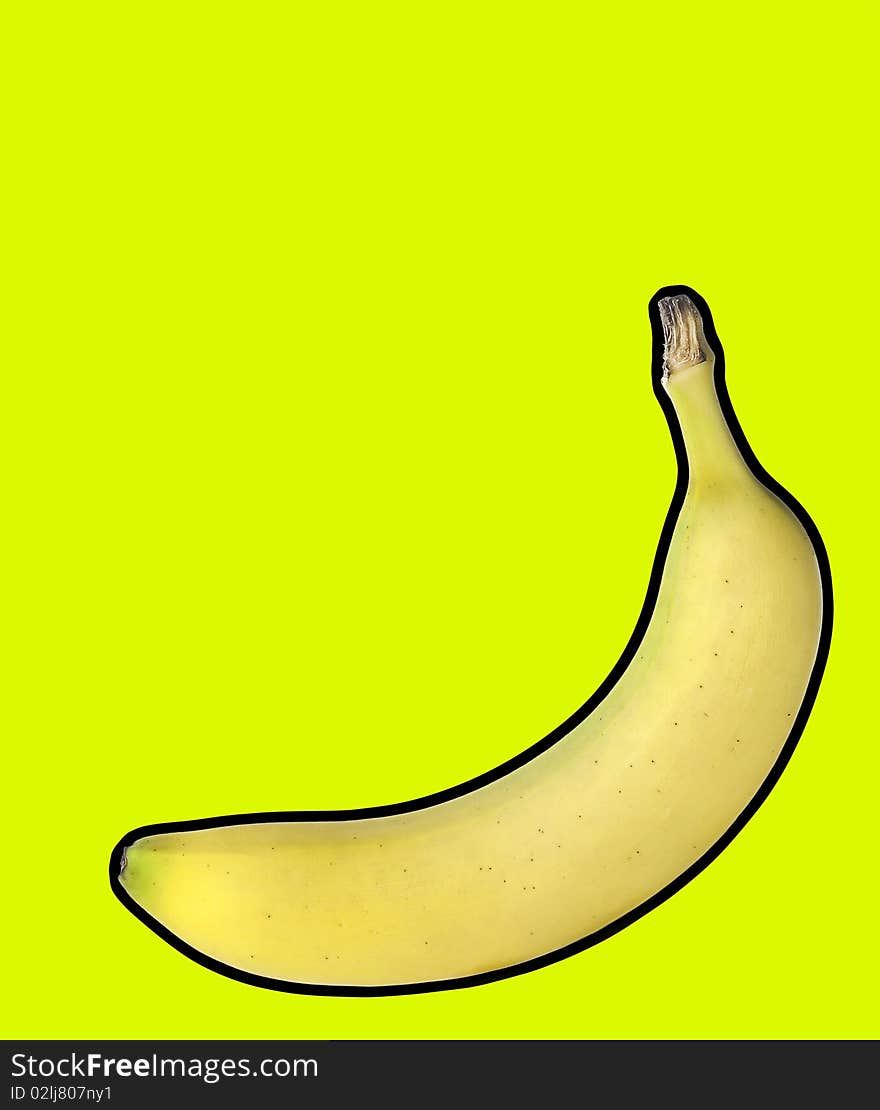 Banana isolated on yellow/green background with black stroke.