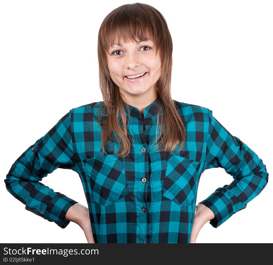 Portrait young beautiful girl on white background