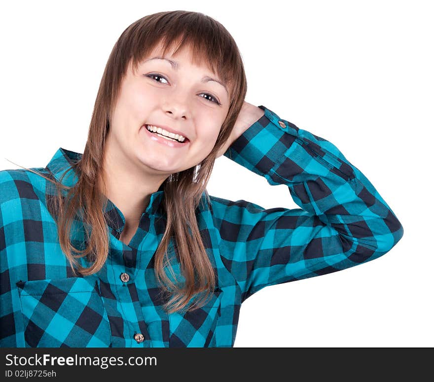 Portrait young beautiful girl on white background